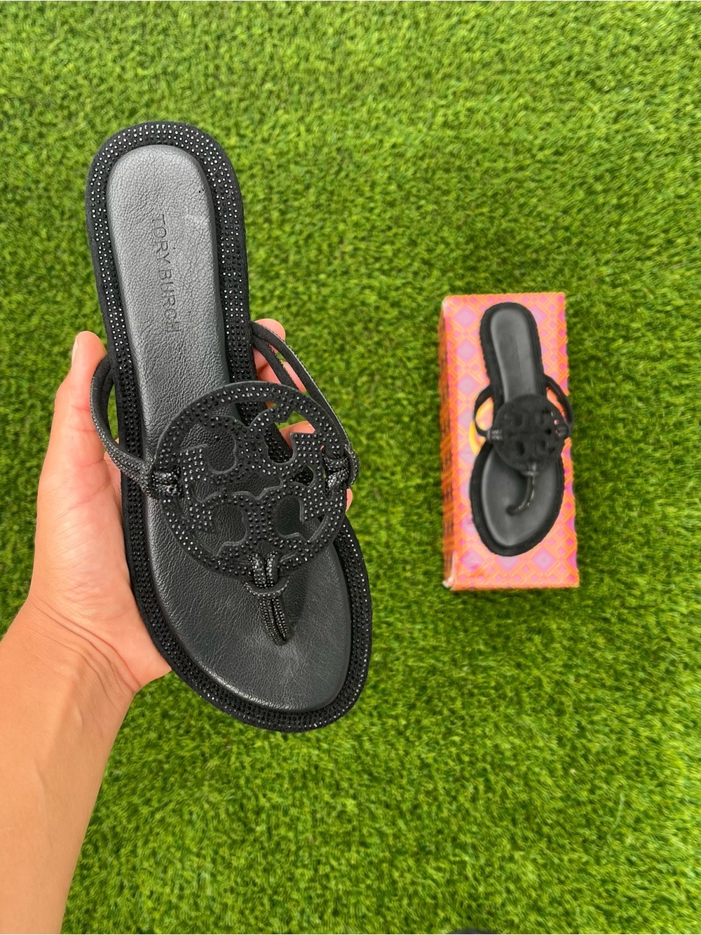 Black Miller Circle Thong Designer Sandal w/ Rhinestones